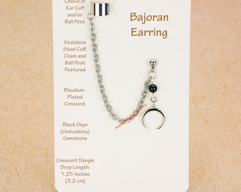 Bajoran Cuff Earring Stainless Steel Studs Chain Inverted Crescent Moon Blk Onyx Chalcedony Gemstone Sensitive Ears Skin Hypoallergenic 1005