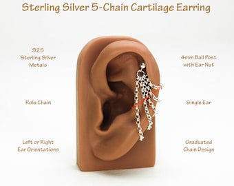Short 5-Chain Sterling Silver Cartilage Earring, Single Ear Helix Trekkie Sci-Fi Show Accessories Festival Jewelry, Convention Ear Drape 835
