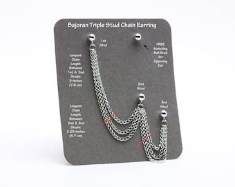 Sterling Silver Bajoran Triple 3 Multi Stud Cartilage Helix Earring Trekkie Techie Fantasy Fancy Convention Show Festival Triple Chain 573
