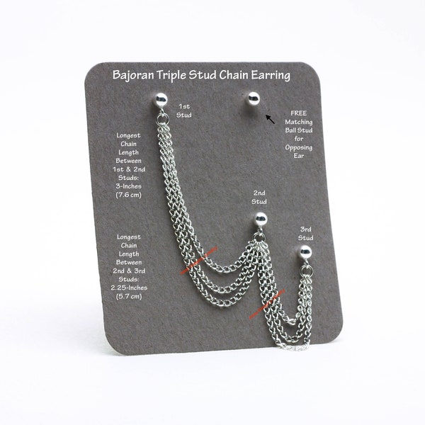 Sterling Silver Bajoran Triple 3 Multi Stud Cartilage Helix Earring Trekkie Techie Fantasy Fancy Convention Show Festival Triple Chain 573