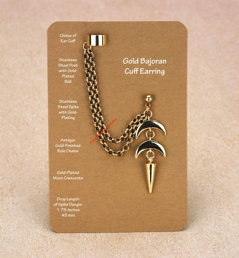 Boucle d'oreille dorée bajorane, tige en acier inoxydable, pendentif pointe de lune, 1035 image 2