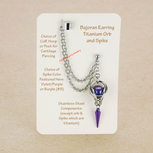 Bajoran Cuff Hoop Dangle Drop Earring Titanium Non-Piercing Pierced Ear Trekkie Scifi Cosplay Comic Con, Violet Burple Purple Spike Orb 1051