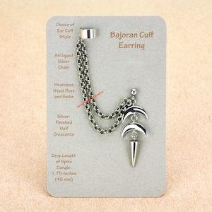 Stainless Steel Bajoran Cuff Earring, Single Chain Ear, Spike Half Crescent Moon, Trekkie Sci-Fi Cosplay Comic Con, Convention, Gothic, 1035