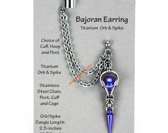 Pendientes Bajoran Bling, estilo ciencia ficción trekkie, esfera y punta de titanio, cadena de acero inoxidable, pendiente tipo ear cuff, aros huggie con y sin poste, 1051