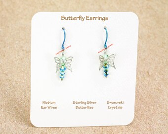 Silver Butterfly Wings Wire Hook Earrings, Swarovski Crystal Teal Blue, Hypoallergenic Teal Blue Niobium Ear Wires, Sensitive Ears Skin 1084