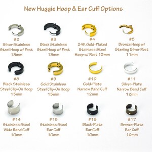 Peut inclure: Pr&eacute;sentation de plusieurs mod&egrave;les de boucles d'oreilles cr&eacute;oles et de manchettes d'oreilles, en argent, noir, or et bronze. Les tailles varient de 10 mm &agrave; 13 mm. Le texte indique les options disponibles sur fond blanc.