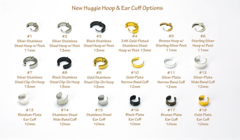 Peut inclure: Pr&eacute;sentation de plusieurs mod&egrave;les de boucles d'oreilles cr&eacute;oles et de manchettes d'oreilles, en argent, noir, or et bronze. Les tailles varient de 10 mm &agrave; 13 mm. Le texte indique les options disponibles sur fond blanc.