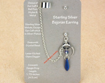 Inverted Crescent Moon Bajoran Cuff Earring Sterling Silver Stud Post, Laser-Etched Blue Glass Dagger Swarovski Crystal Denim Blue Bead 1053