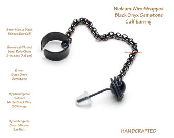 Black Bajoran Cuff Earring, Hypoallergenic Niobium Wire Stud, Black Onyx Gemstone, Single Chain, Black Gothic Jewelry, Sensitive Ears, 552