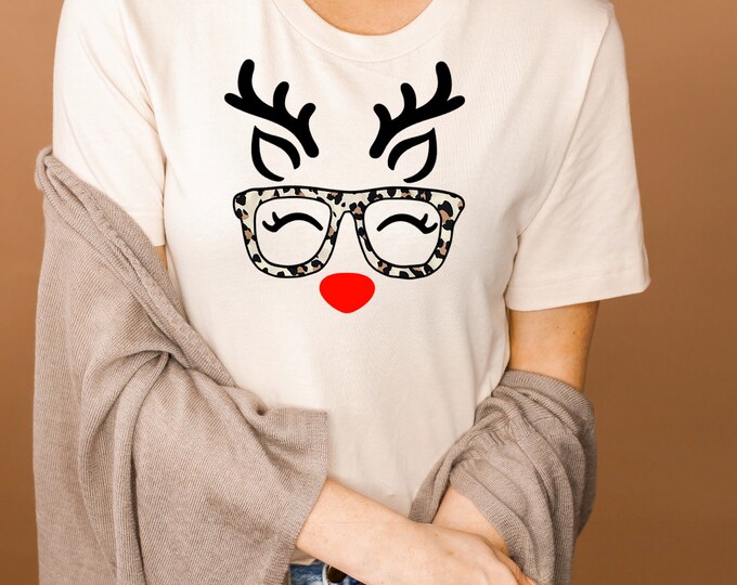 Women's Christmas shirt - Reindeer with leopard Glasses shirt - Funny Christmas shirt - Holiday shirt- Holiday fashion