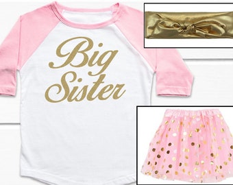 Big Sister outfit - Big sister shirt - pink and gold - big sis clothes - Girls Big sister outfit - toddler big sister - big sister raglan -