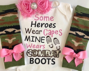 Baby Girl outfit -Father's Day baby outfit- Army Dady- Army Mom - My Hero Wears Combat boots - Marine Dad - Marine Mom - My hero is my Daddy