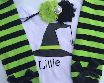 Baby Girl Halloween Outfit- personalized baby girl halloween outfit - baby halloween costume - witch baby costume - halloween leg warmers