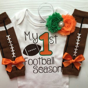 Baby Girl outfit My 1st Football Season baby girl outfit football legwarmers Newborn Football outfit Preemie-24 month GREEN ORANGE image 1