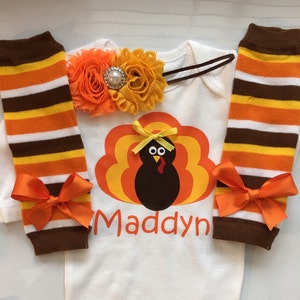 INFANT girl Thanksgiving outfit personalized baby turkey shirt thanksgiving legwarmers fall baby girl outfit newborn preemie image 1