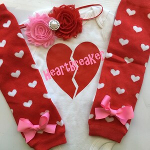 Baby Girl Valentine&#39;s Day Outfit - valentines legwarmers- baby girl photo prop - - valentine&#39;s headband- Heartbreaker