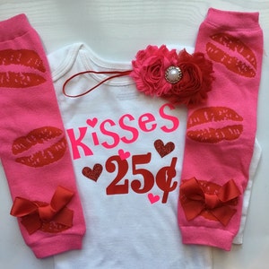 Baby Girl Outfit - Baby Valentines Day outfit - kisses 25 cents - valentines leg warmers - valentines photo prop -valentines headband