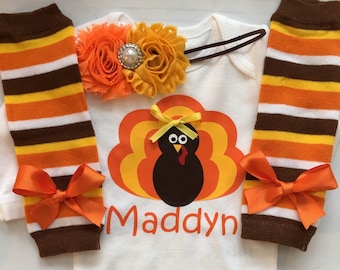 INFANT girl Thanksgiving outfit - personalized baby - turkey shirt - thanksgiving legwarmers - fall baby girl outfit - newborn preemie