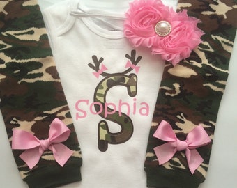 Baby Girl CAMO Hunting outfit - newborn outfit - personalized baby camo outfit - camo legwarmers--LIGHT PINK - Choose your pieces