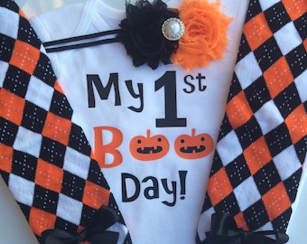 Baby Girl 1st Halloween Outfit - 1st boo day outfit - baby halloween legwarmers - baby girl halloween costume - newborn baby halloween