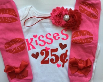 Baby Girl Outfit - Baby Valentines Day outfit - kisses 25 cents - valentines leg warmers - valentines photo prop -valentines headband