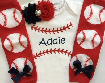 Baby Girl Baseball Outfit - baseball outfit - baseball bodysuit - base ball leg warmers- newborn baseball clothes - baseball baby