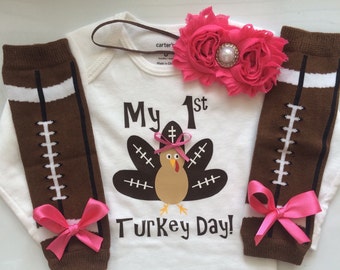 INFANT girl Thanksgiving outfit - Football turkey- thanksgiving legwarmers - fall baby girl outfit - newborn preemie- My 1st Thanksgiving