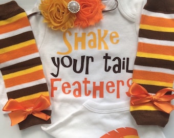 INFANT girl Thanksgiving outfit -  turkey shirt - thanksgiving legwarmers - fall baby girl outfit - newborn preemie- Shake Your Tail Feather