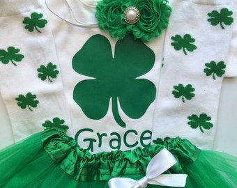 TODDLER girl St. Patricks Day Outfit - Toddler st patricks day outfit - clover outfit - personalized girl - clover leg warmers- WITH TUTU