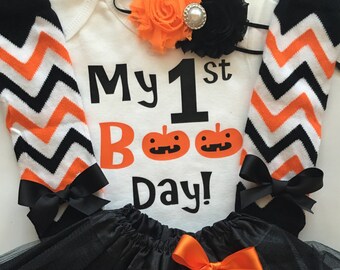 Baby Girl 1st Halloween Outfit -- Halloween baby costume outfit - my first boo day - Infant 1st Halloween  - baby girl halloween costume