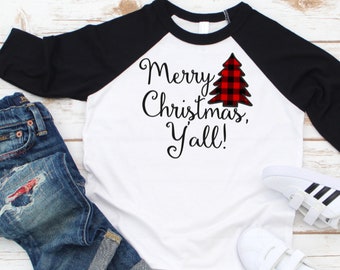 Girl's Christmas shirt- Boys Christmas Shirt -Buffalo Plaid Christmas shirt- Buffalo plaid raglan - kids christmas shirt-  sizes  2T-7/8