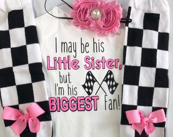 Baby Girl Race Day Outfit - I may be his little sister race outfit- checkered outfit - personalized baby outfit - baby girl