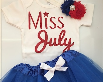 Baby Girl Outfit-  4th of July baby outfit - Memorial day baby outfit - Patriotic baby girl  - Miss July- Patriotic birthday -12 month-5T