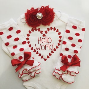 Baby girl Coming home newborn outfit- Valentines baby clothes - Hello World infant outfit - Valentine&#39;s Day baby girl-  Hello World