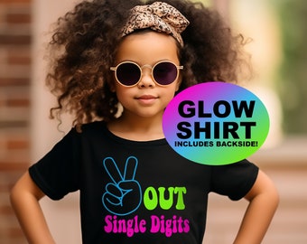 Peace out Single Digits- 10th glow birthday shirt- BLACK LIGHT glow birthday Glow party NeonBirthday with personalized BACK