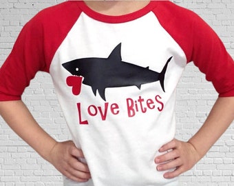 Boys Girls Valentines Day shirt- Valentine shirt - boys Valentines' Day raglan Love bites shirt - kids Valentines Shark- 3/4 Sleeve