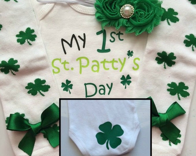 Baby girl First St Patricks Day outfit - st patricks day baby girl bodysuit - clover outfit - clover legwarmers - newborn st patricks day
