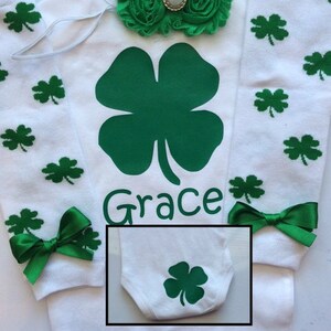 Baby girl St. Patricks Day Outfit - newborn st patricks day outfit - clover outfit - personalized baby girl outfit - clover leg warmers