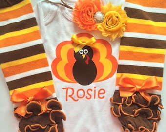 BABY girl Thanksgiving outfit - personalized baby - turkey shirt - thanksgiving legwarmers - fall baby girl outfit - thanksgiving headband