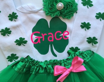 TODDLER girl St. Patricks Day Outfit - Toddler st patricks day outfit - clover outfit - personalized girl - clover leg warmers- WITH TUTU