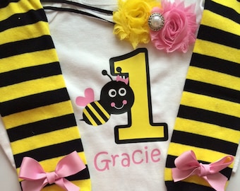 Baby Girl Outfit - bumble bee 1st birthday outfit - 1st bee day- bumble bee birthday party- bee leg warmers - bee shirt -