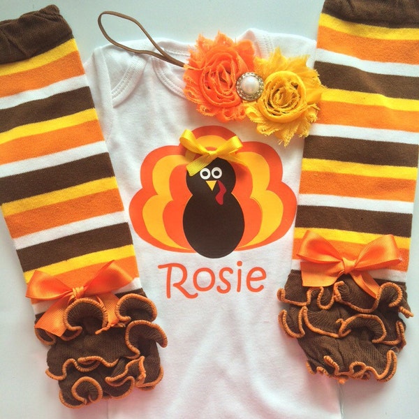 BABY girl Thanksgiving outfit - personalized baby - turkey shirt - thanksgiving legwarmers - fall baby girl outfit - thanksgiving headband