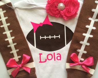 Baby Girl Football Outfit - personalized baby girl outfit - football legwarmers - girly football outfit-HOT PINK- choose your pieces