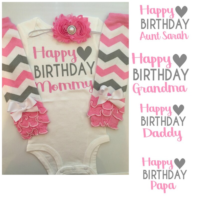 May include: A white baby onesie with the text "Happy Birthday Mommy" in pink and gray, paired with matching pink and gray chevron-patterned leg warmers. A pink flower headband and ruffled cuffs with white bows complete the set. Additional text options are displayed.