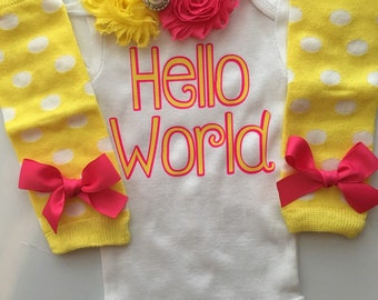 NEWBORN Baby Girl outfit -Coming home outfit - Newborn baby clothes - go home outfit - newborn girl- Hello World--Yellow and Hot pink