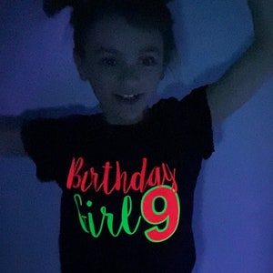 Girl's Neon Birthday Shirt BLACK LIGHT glow birthday Glow party Neon colored Birthday Tween Birthday Neon Party image 3