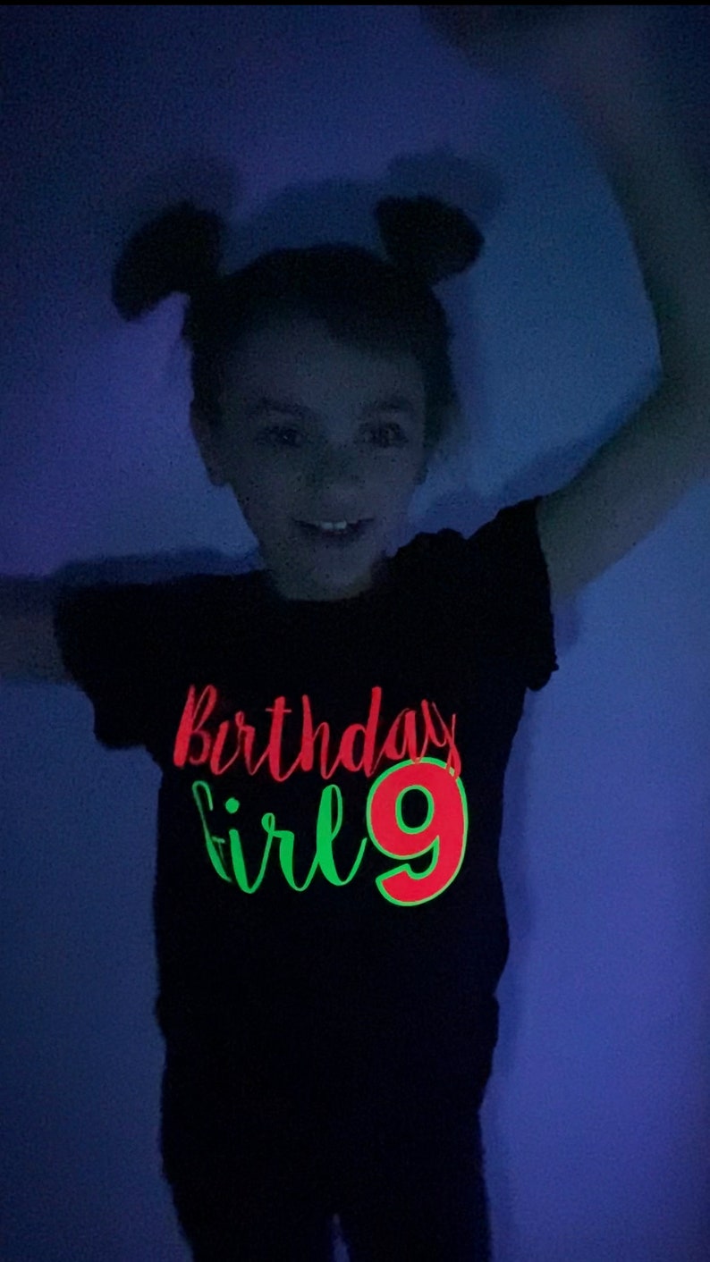 Girl's Neon Birthday Shirt BLACK LIGHT glow birthday Glow party Neon colored Birthday Tween Birthday Neon Party image 3