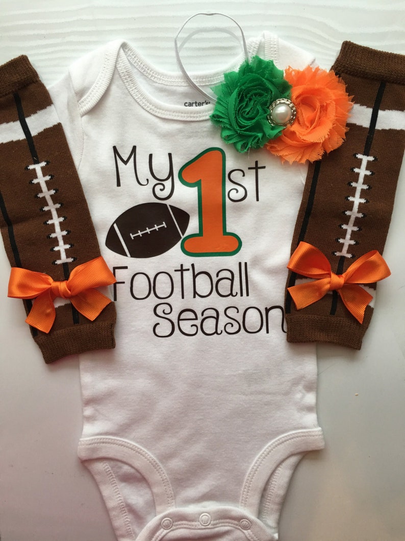 Baby Girl outfit My 1st Football Season baby girl outfit football legwarmers Newborn Football outfit Preemie-24 month GREEN ORANGE image 1