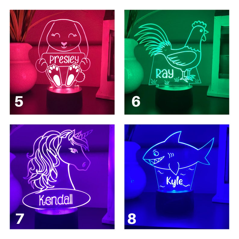 Puede incluir: Luces de noche LED con nombres personalizados. Los dise&ntilde;os incluyen un conejito con "Presley", un gallo con "Ray", un unicornio con "Kendall" y un tibur&oacute;n con "Kyle". Cada luz tiene una base negra y emite un brillo de color.