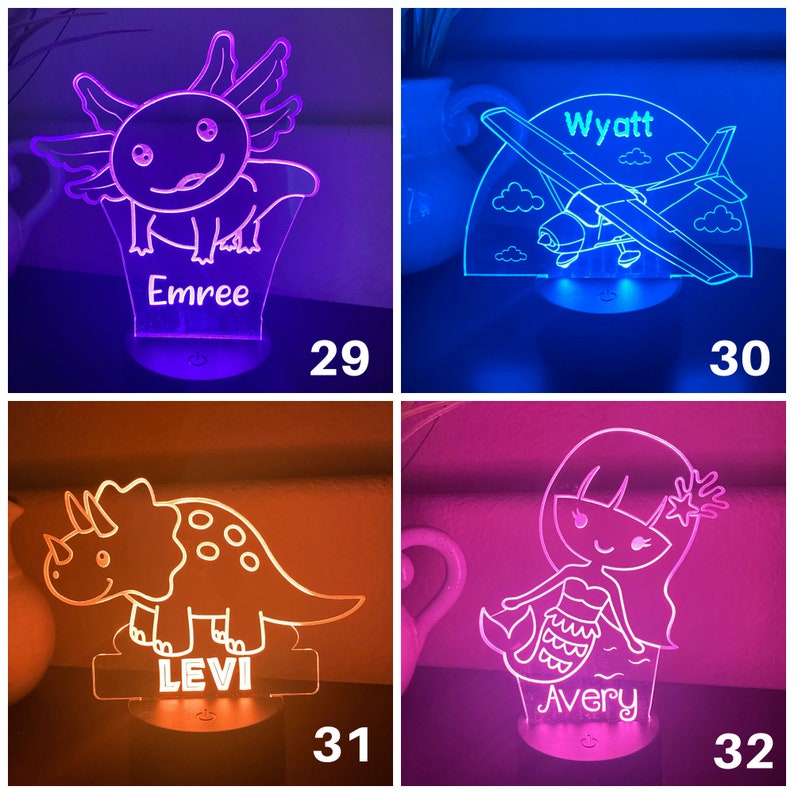 Puede incluir: Colecci&oacute;n de luces nocturnas LED. Los dise&ntilde;os incluyen un ajolote con el nombre "Emree", un avi&oacute;n con el nombre "Wyatt", un triceratops con el nombre "Levi" y una sirena con el nombre "Avery". Cada luz tiene una base con un interruptor.